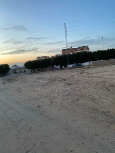 A sideways view of a sandy landscape. Utility poles and wires stretch across a clear blue sky with some cloud cover. Buildings, some with dense green foliage in front, line a street with a white fence. The ground is sandy with varying shades of gray and light brown.
