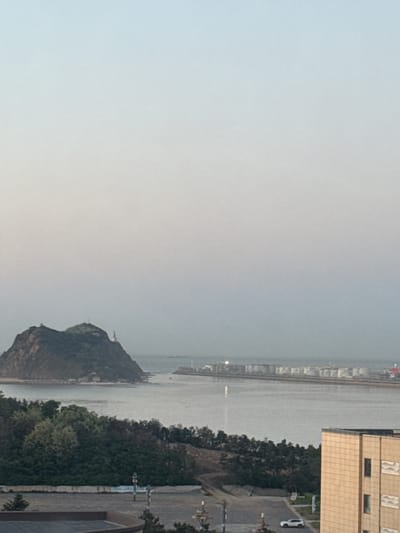 The image shows a view of a body of water (likely the sea) with a promontory or island in the distance. The location is likely near Taihe District, China, given the description provided.

On the right side of the image, there is evidence of urban development, including a building (likely residential or commercial) and a road with trees. A white vehicle is visible on the road, suggesting recent activity.

The sky is overcast, creating a somewhat diffused light, and the water appears calm. The details of the promontory are indistinct due to the distance and atmospheric conditions, but its overall shape is discernible. Along the coast, there's a strip of dense vegetation.

A pier with the port behind the water is seen on the upper part of the image.