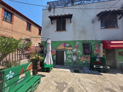 The image shows an outdoor courtyard in Viterbo, Italy, featuring a building with a mural of gnomes and mushrooms. The building has a white facade adorned with strings of fairy lights and a tiled awning above a window with shutters. In front of the building, there is a green bench painted with a gnome and a blue flower. To the left, a building with an orange stucco facade and red trim has windows with dark frames. The courtyard floor is paved with concrete. In the background, a red metal fence with potted plants can be seen. A red awning with Italian text is visible on the right side of the building. The scene is bathed in sunlight, casting shadows on the ground.