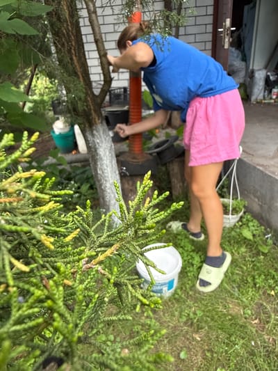 A person, wearing a blue t-shirt and pink shorts, is bending over to work on something near a tree. The person is wearing light green slides on their feet. There is a white bucket with blue lettering visible on the grass near the person. The scene appears to be outdoors, possibly in a backyard, with lush green grass and foliage. The lighting suggests it is daytime, and the weather seems to be overcast or cloudy, as there are no harsh shadows. The person's body language indicates they are engaged in a task, potentially gardening or maintenance work. The background shows a brick wall and some outdoor clutter, adding to the sense of a lived-in outdoor space. The overall impression is a candid shot of a person performing an everyday outdoor activity in a residential setting in Balivka, Ukraine.