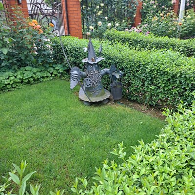 In a suburban garden setting, likely in Tairove, Ukraine, a whimsical metal sculpture of a wizard or gnome stands prominently on a manicured green lawn. The sculpture, crafted from dark metal, depicts a figure wearing a conical hat, a long beard, and holding a fishing rod in its left hand and a bucket in its right. The wizard has a circular metal object, possibly a reel, attached to its chest.

Behind the sculpture, a dense, neatly trimmed green hedge forms a backdrop, partially obscuring a decorative wrought-iron fence. Beyond the fence, various rose bushes bloom with flowers in shades of yellow, pink, and orange, suggesting a well-maintained garden. A red brick wall is visible in the upper left and right portions of the image, adding to the architectural elements of the scene. The overall impression is a garden decorated with a unique, handcrafted piece of art, blending seamlessly with the natural and man-made elements of the outdoor environment.