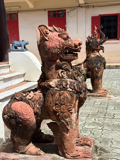 Two weathered, terracotta lion-like statues, often referred to as Singha statues in Thai Buddhist tradition, are positioned on a grey, interlocking paver surface in front of a building. The statue in the foreground is larger and more detailed, featuring intricate carvings of floral motifs and swirling patterns on its body and legs. Its mouth is open, revealing sharp teeth, and its mane is elaborately sculpted. The statue in the background is partially obscured and appears to be similar in style but less detailed, with a raised trunk-like appendage on its head.
To the left of the statues, a set of white-painted stairs with red tiled risers leads up to a white-painted platform. Behind the statues, the building features a cream-colored facade with two red-framed windows, one with decorative black grilles and the other with red shutters. A small, dark blue rhinoceros figurine is placed on the white platform to the left, behind the foreground Singha statue. The scene is illuminated by bright sunlight, casting shadows on the ground and highlighting the textures of the statues and paving. This scene is consistent with the grounds of a Buddhist temple or shrine, such as Wat Chalong, located in the Chalong subdistrict of Phuket, Thailand, where such guardian statues are commonly found. There are no people or animals visible in the immediate vicinity of the statues.