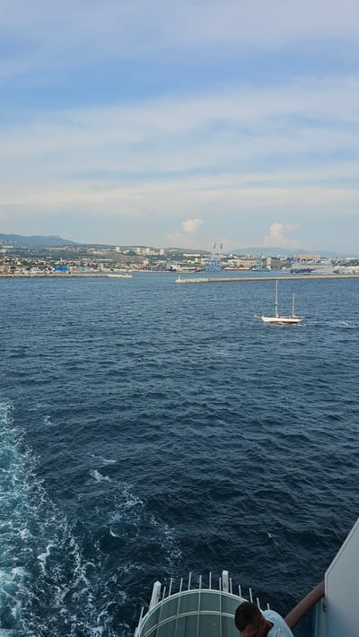 A scenic, vertically-oriented shot from a high vantage point captures the meeting of land and sea. The image appears to have been taken from a cruise ship or large vessel moving towards the sea. A man is partially visible in the frame, suggesting the perspective is from a deck.
To the left, the coastline is visible, with a city sprawling along the edge of the water. The buildings range in height, with industrial port structures interspersed among the urban landscape. A long breakwater or pier extends from the coast out into the sea, offering protection to the harbor.
A sailboat navigates the waters between the city and the camera.
The sea occupies a substantial portion of the frame, its surface textured by wind and waves. The water transitions in color from a lighter blue closer to the horizon to a deeper, darker hue nearer the camera.
The sky above the land is a bright blue, punctuated by scattered white clouds.
Based on the city's appearance, the image is most likely taken in Marseille, France.