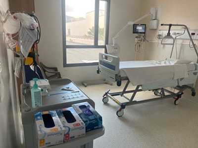 The image displays an unoccupied hospital room in Dumbéa, France. A modern, adjustable hospital bed, made with white linens and a pillow, is centrally positioned. Above the bed, a wall-mounted articulating arm supports a Philips brand medical monitor. To the right of the bed, a mobile patient lift system with a suspended harness is present. On the left side of the room, a mobile medical cart is visible, topped with a bottle of hand sanitizer, various small medical components, and three boxes of Polysem examination gloves (two M200, one S200). An IV pole, holding clear plastic bags and connected cables, stands next to the cart, with a dark chair partially visible behind it. A large window on the left wall offers a view of an outdoor paved area, a railing, and distant hills under a clear sky. The room features light-colored walls and a light-toned, seamless floor. No individuals are present, and no actions or interactions are depicted.