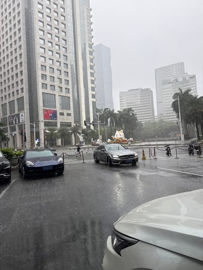 The image depicts a street scene in Tianhe District, China, under heavy rain. The perspective is from a slightly elevated position, looking down and across a wet street. Several cars are visible, including a dark blue Porsche with license plate "A-SB707" parked on the right side of the frame, and a silver Mercedes-Benz in the middle of the road. Another vehicle, a white car, is partially visible on the far right, suggesting it is parked or moving very close to the vantage point.

The activity taking place is primarily the movement of vehicles on a rainy day, with the wet road surface reflecting the overcast sky and surrounding lights. There are palm trees lining the street, and in the background, large, modern buildings with glass facades dominate the skyline. One building prominently displays a large advertisement with the text "KTV MUSIC" and "A" in a red and white graphic. Another building has a sign with Chinese characters. A large, light-colored statue, possibly a cat, is visible in a plaza area, surrounded by smaller figures.

The weather is clearly inclement, with visible raindrops on the ground and in the air, and the sky is uniformly gray and overcast, suggesting it is daytime. The overall mood conveyed is one of a typical, somewhat gloomy, urban day during a downpour. The presence of traffic lights and street barriers indicates an urban street environment. The architecture of the buildings suggests a contemporary urban setting in China.
