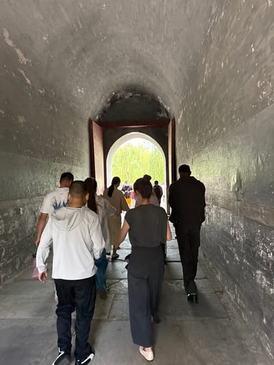 A group of approximately ten individuals is depicted walking through a dimly lit, grey concrete or stone tunnel, moving towards a bright, arched exit. The scene is located in Haidian District, China. The tunnel's interior surfaces, including the barrel-vaulted ceiling and vertical walls, exhibit significant signs of wear, discoloration, and peeling paint or plaster, revealing a rough, textured substratum. Darker patches, consistent with dampness or mold, are visible on both the walls and ceiling. The floor of the tunnel is paved with grey, rectangular stone slabs.
At the far end of the tunnel, a large, semicircular archway, framed by dark red or brown wooden elements, opens to an exterior environment. Beyond this archway, abundant, vibrant green foliage, characteristic of weeping willow trees, is clearly visible under bright daylight, suggesting an outdoor park or garden setting.
The people are primarily viewed from behind, indicating movement away from the camera and towards the tunnel's exit. In the immediate foreground, to the left, a person wearing a light grey hooded long-sleeved top, black trousers, and black sneakers with white soles walks forward. To the right, another person in a dark, short-sleeved top, dark wide-leg trousers, and light cream or pink flat shoes is also proceeding towards the exit.
Further into the tunnel, a person in a white t-shirt with a dark blue graphical print (resembling a cityscape or mountains) and dark trousers is visible on the left side. A person in a light-colored long-sleeved top and light trousers walks ahead of them. On the right side of the tunnel, a person in a dark jacket and dark trousers with black dress shoes is moving forward. Closer to the archway, several other individuals are present, some wearing face masks. One person wears a light brown, possibly flowing, garment. All individuals are engaged in the act of walking through the passage. The strong light from the exit casts a silhouette effect on some of the figures nearest the tunnel's end.