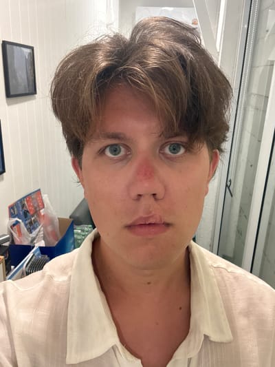The media file is a portrait of a young person with light brown hair and blue eyes, looking directly at the camera. They are wearing a light-colored, collared shirt. The image is oriented vertically, with the person's head towards the top. The background suggests an indoor setting with white walls and a ceiling with horizontal elements. In the lower portion of the image, a framed picture is visible on the wall, depicting a landscape scene. There are also some boxes and other items on a surface behind the person, including what appears to be a blue box and some plastic bags. The lighting is somewhat dim, suggesting it could be evening or an indoor environment with artificial light. The person's expression is neutral. There is no visible text in the image.