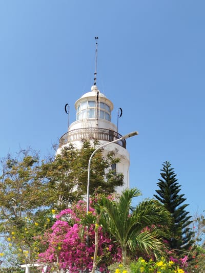 Here is a description of the image:
The image shows the Thủ Thiêm Lighthouse in Ho Chi Minh City, Vietnam. The lighthouse is white with a rounded top and a metal railing around the observation deck. A small weather vane is at the top of a metal pole above the lighthouse. The lighthouse is surrounded by trees and flowers, including pink bougainvillea and a pine tree. A white street lamp is partially obscuring the lighthouse. The sky is clear and blue.
