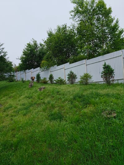 The image shows a grassy slope in Devjatyj Val, Russia, with a gray metal fence running along the top of the slope. Several small evergreen trees are planted along the fence. In the foreground, on the slope, there are two tree stumps, one of which has a wooden sculpture resembling a person or animal on top of it. The sky is overcast, and the overall impression is one of a rural or semi-rural outdoor setting.