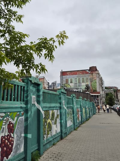 The image depicts a street scene in Vladivostok, Russia. A sidewalk paved with grey interlocking stones runs along the right side of the frame, leading towards a row of buildings. On the left, a green fence with vertical bars is decorated with vibrant murals of fruits and plants. The fence is partially obscured by the leafy branches of a tree in the foreground. The buildings lining the street appear to be old, with faded paint and some visible signs of wear. Some of the buildings feature colorful graffiti or murals on their facades. A few pedestrians are walking on the sidewalk, and cars are parked along the street. The sky is overcast with grey clouds. A QR code is visible on a pillar of the green fence.