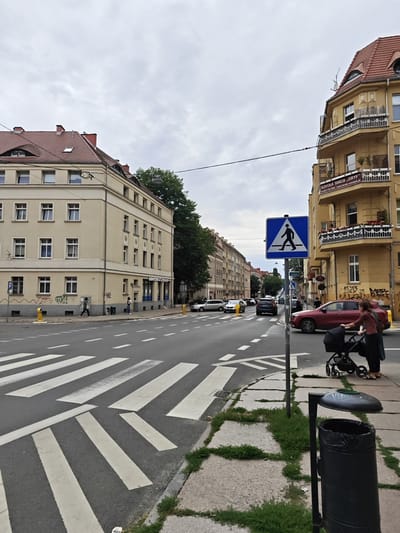 The image depicts a street scene in Szczecin, Poland, on an overcast day. In the foreground, a pedestrian crossing with white stripes is marked on the asphalt road. To the right of the crossing, a woman is pushing a stroller along a sidewalk. The sidewalk is made of concrete slabs interspersed with patches of grass. A dark trash can with an open lid stands near the woman.
Further down the street, cars are driving, and more pedestrians are visible. A blue and white pedestrian crossing sign is prominently displayed on a pole. On the right side of the street, a yellow building with arched windows and balconies stands tall, adorned with potted plants. A banner on this building reads "SZKOŁA TAŃCA „GRYF”" and includes a phone number and website. On the left side of the street, a cream-colored building with multiple windows and a red-tiled roof is visible. The overall atmosphere of the scene is ordinary and urban. The time of day appears to be daytime, given the ambient light, but the cloudy weather creates a muted lighting condition.