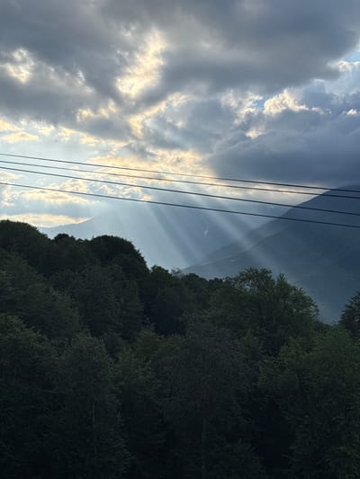 This image captures a dramatic sky over a mountainous landscape, likely near Estosadok, Russia. The scene is dominated by a mix of light and shadow. On the left, a cloudy sky is illuminated by sunlight, creating visible crepuscular rays that streak downwards. The clouds themselves are a mix of dark, brooding masses and lighter, brighter patches where the sun breaks through.

In the middle ground, a mountain range is visible, shrouded in a light mist or haze. The slopes are dark, hinting at dense vegetation. A series of dark, parallel lines, likely power lines or wires, cut diagonally across the frame from the top left towards the middle.

On the right side of the image, a dense wall of dark green trees fills the frame, suggesting a forest or dense woodland. The trees are lush and appear to be evergreen.

The time of day is likely late afternoon or early evening, given the angle of the sun and the way it's interacting with the clouds and mountains. The weather appears to be dynamic, with sunshine breaking through overcast conditions, creating a visually striking effect. There is no visible text in the image. The overall mood is somewhat dramatic and awe-inspiring, showcasing the raw beauty of nature.