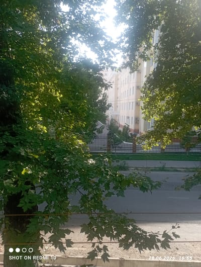 The image, captured on June 28, 2026, at 16:55 in Chirchik, Uzbekistan, presents a sunlit urban scene viewed through the leaves of trees. In the foreground, lush green foliage from large trees partially obscures the view. Beyond the trees, a light-colored, multi-story building with numerous windows stands prominently. A black metal fence separates the building from a paved road and sidewalk area. The road appears to be an empty street. The sky is bright, suggesting it is daytime, and sunlight filters through the leaves, creating a dappled light effect on the ground and foliage. The bottom left corner of the image contains the text "SHOT ON REDMI 10".