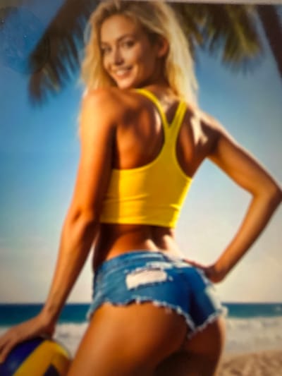 The image shows a woman with blonde hair wearing a yellow crop top and denim shorts on a beach. She is holding a volleyball. The background is a blurry view of the ocean and palm trees. The image does not provide any information about the city of Gelendzhik, Russia.