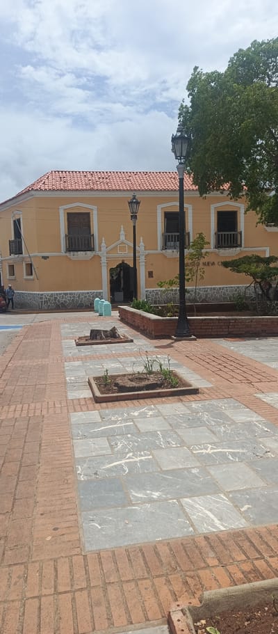 This image depicts the facade of the Museo Nueva Cadiz in La Asuncion, Venezuela, under a partially cloudy sky. The building is painted a bright yellow with a red-tiled roof. It features multiple windows with dark wooden shutters and small balconies with wooden railings. The lower part of the building is adorned with a stone facade. In front of the building is a paved courtyard area with a mix of red brick and grey stone tiles. Several lampposts are visible in the courtyard, in front of the building, and to the right. Small planters are integrated into the courtyard design, some containing tree stumps and sparse vegetation. To the left of the building, a red car is parked, and a person in a blue shirt and dark pants is standing nearby. Three light blue cylindrical objects are positioned in front of the entrance of the building. A large green tree is visible on the right side of the image, partially obscuring the sky and the building. The overall scene suggests an outdoor public space, likely a plaza or park adjacent to the museum.
