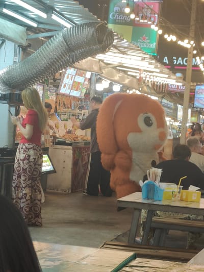 In an outdoor market setting in Pattaya City, Thailand, a person in a large, furry orange rabbit costume stands near a food stall. The rabbit has large, cartoonish eyes and a fluffy white muzzle. The food stall behind it displays various food items, possibly fried snacks. A woman in a red top and a patterned skirt with elephants on it is standing at the stall, looking at her phone. Another man, wearing a dark shirt and pants, is working at the food stall, holding tongs and a tray of food.
Overhead, a large, flexible silver ventilation pipe stretches across the scene, illuminated by bright fluorescent lights. Signs for "Chang Beer" and "Heineken" are visible in the background, suggesting a nightlife or entertainment area. Another sign reads "THAI TEA" with a phone number and "PATTAYA." The scene appears to be taking place at night, indicated by the artificial lighting.
On a nearby table, a blue plastic utensil holder, cups, and a yellow tissue box are visible. The ground is paved, and the overall atmosphere suggests a lively night market or street food vendor area. The rabbit mascot likely draws attention and promotes the food stall or the market itself.