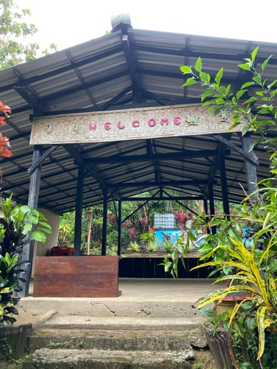 The image shows a wooden structure with a corrugated metal roof. The structure has a "Welcome" sign, made of woven bamboo, with pink letters. Two small, decorative ceramic figures flank the sign. The structure is open on the front, revealing a concrete floor and steps. There is a wooden bench on the concrete floor, and a small blue water feature in the background. The structure is located in a heavily vegetated area. The foliage is lush and green, with some red and yellow flowers visible. The image appears to have been taken at a location within the Kecamatan Manyaran district of Indonesia, with a latitude of -7.826 and a longitude of 110.816. There are no people visible in the image.
