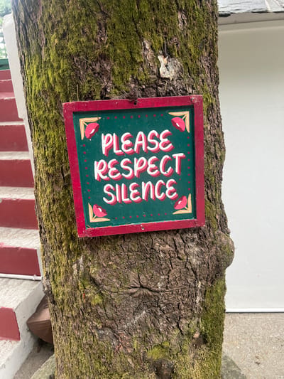 The image shows a square sign with a red frame, mounted on a moss-covered tree branch. The sign is painted green with white lettering that reads "PLEASE RESPECT SILENCE" in vertically stacked words. Small red and gold floral designs adorn the corners of the sign. The branch rests above a red and white painted exterior. The location is Dharamkot, India.