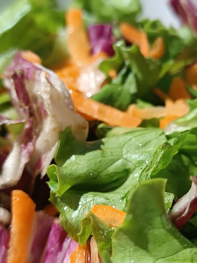 This is a close-up, macro photograph of a salad. The salad appears to be a mix of leafy greens, shredded carrots, and possibly some red radicchio. The ingredients are fresh and appear to be lightly dressed, with small water droplets visible on the lettuce leaves, suggesting they have been recently washed. The lighting is bright and natural, creating highlights on the moist surfaces of the vegetables. The background is blurred, focusing all attention on the textures and colors of the salad components. The image does not provide any contextual information about its location in Viadana, Italy, as it solely focuses on the food item. There are no people, actions, or interactions depicted.