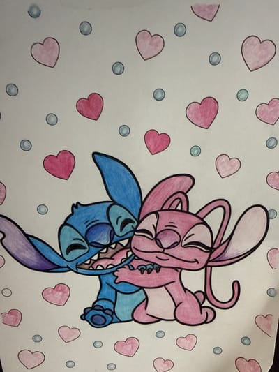 The image is a drawing of two cartoon characters, Stitch and Angel from Disney's Lilo & Stitch, embracing each other. They are depicted with their eyes closed and smiles on their faces, surrounded by a pattern of pink hearts and light blue circles. Stitch is blue and Angel is pink, and both have large ears. The drawing is colored with colored pencils, and the background is white. There is no information in the image or its context that suggests a location in Nizhnevartovsk, Russia.