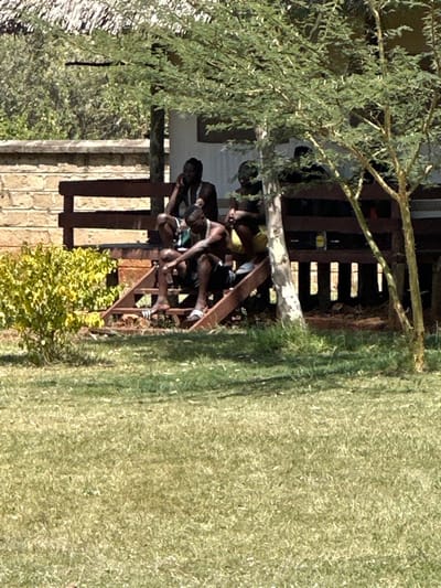 The image displays an outdoor scene in Olkaria ward, Kenya, featuring three dark-skinned males positioned on a wooden porch structure. The leftmost individual sits on the top step/bench, wearing dark shorts and a white necklace, holding a mobile phone to his right ear. The central individual sits on the middle step, leaning forward with elbows on knees, clad in dark shorts, white slide sandals, and a white necklace. The third individual on the right is partially obscured by a tree trunk and foliage, seated on the top step/bench, wearing dark upper attire and light-colored shorts. The wooden structure has steps and a railing, leading to a building with a visible thatched roof and a light-colored, possibly stone, wall in the background. A dense green bush is situated to the left of the steps, and a tree with light-colored bark and green leaves stands to the right. The foreground consists of a sunlit, manicured green lawn. The scene is illuminated by natural daylight.
