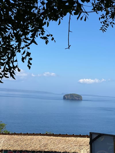 This image depicts a serene coastal scene in the city of Karangasem, Indonesia. The foreground is dominated by the thatched roof of a structure, likely a hut or a restaurant, suggesting a tropical or beachside location. The roof is made of dried grass or straw, characteristic of traditional Indonesian architecture. Above the roof, a vast expanse of deep blue ocean stretches towards the horizon. In the middle distance, a small, verdant island rises from the water, its green foliage contrasting with the blue of the sea and sky. The sky is a clear, bright blue, with a few scattered white clouds adding texture to the upper portion of the frame. Some dark green foliage from a tree hangs over the top left of the image, framing the scene and adding a sense of depth. The overall impression is one of tranquility and natural beauty, with the human-made structure in the foreground grounding the viewer in the environment.