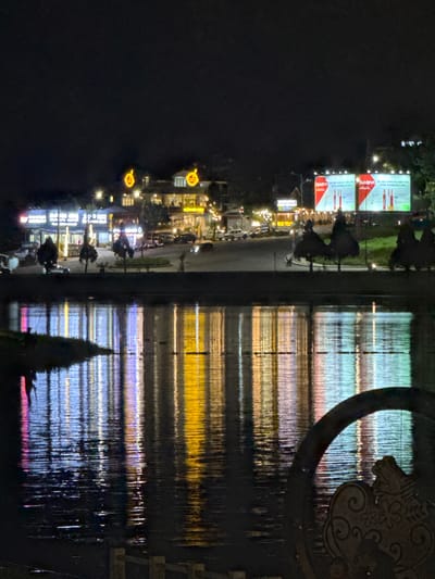 This is a nighttime photograph taken from across Xuan Huong Lake in Da Lat, Vietnam. The scene captures a vibrant, illuminated cityscape reflected in the dark water of the lake.
In the background, a row of buildings is visible, adorned with bright, colorful lights. Many of these buildings feature neon signs, with some displaying prominent yellow circular logos. Further to the right, two large billboards are illuminated with white light, each displaying red and white advertisements, likely for cosmetic products given the visible bottles. The structures are fronted by trees and a road where cars are visible, some of which are illuminated. The overall impression of the cityscape is one of commercial activity and nighttime vibrancy.
The foreground of the image is dominated by the calm surface of Xuan Huong Lake, which acts as a mirror to the lights of the city. The reflections are elongated and distorted by the gentle ripples on the water, creating a colorful, abstract pattern of vertical stripes in shades of yellow, white, purple, and pink.
On the left side of the lake, in the shallow water near the bank, two figures are discernible. One appears to be standing, and the other is possibly casting a fishing line. The dark silhouettes of these individuals are outlined against the bright reflections.
In the bottom right corner of the image, a portion of a decorative element is visible, appearing to be a curved, dark wooden frame with intricate carvings of flowers and swirls. This suggests the vantage point of the photographer is from a seated or resting area near the lake. The overall atmosphere is serene, yet alive with the colorful illumination of the city and its reflection.