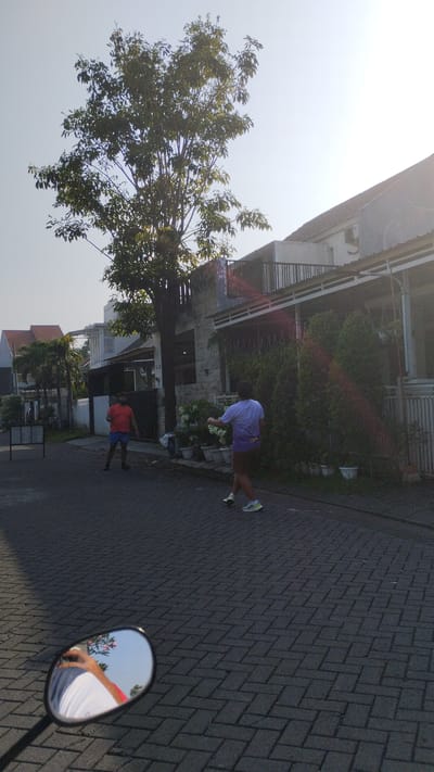 The image depicts a street scene in Sidodadi, Indonesia, likely during daylight hours with clear skies. In the foreground, a motorcycle rearview mirror reflects a hand holding a camera or phone, pointing towards the sky and a pink flower. The street is paved with dark, rectangular interlocking bricks. Two men are visible in the middle ground, engaged in an activity. One man, wearing a red t-shirt and blue shorts, stands facing to his right. The other man, in a purple t-shirt and brown shorts, is walking away from the camera, towards the right side of the frame. He is wearing athletic shoes. Several houses with tiled roofs line the right side of the street, some featuring balconies and fences. Lush green trees and potted plants are also present, contributing to the residential environment. A large tree with dense foliage stands prominently on the left side of the street, casting a shadow. The overall impression is of a quiet residential area in an Indonesian city.