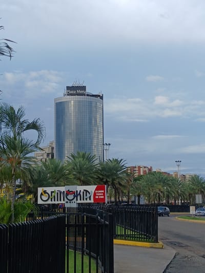 A tall, cylindrical building with a glass facade, labeled "Hotel Plaza Meru", is visible against a cloudy sky. In the foreground, palm trees line a black metal fence. A sign for "GRANMARK MALL" is also present, with the Spanish text "DONDE TODO SE UNE" (Where Everything Unites). A road with two cars is seen in the background, and other buildings and palm trees are scattered throughout the scene. The overall setting appears to be an urban area in Guayana City, Venezuela, likely a commercial or hotel district.