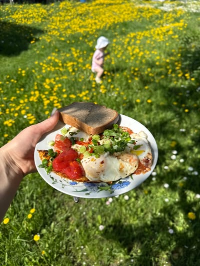 A fair-skinned person holds a plate of food in Красный Маяк, Russia. The plate contains a slice of dark bread, fried eggs, tomato, and green onions, and is decorated with blue flower patterns. The background is a grassy lawn with yellow and white wildflowers. A person lies on the grass in the distance.