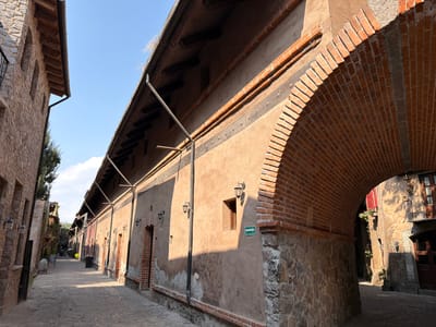 The image depicts a narrow cobblestone street in Domingo Arenas, Mexico. The street is lined with buildings constructed with a mix of stone, brick, and stucco. The building on the right has a prominent brick archway leading to another section of the street. The walls are a light brown, with red brick accents, with some visible damage and wear. Several small lanterns are mounted on the walls. A green emergency exit sign is visible on one wall. Overhead, a network of beams and a rain gutter structure are attached to the building's facade. On the left, the building has a stone facade. In the distance, people can be seen walking along the street. The sky is partially visible above the buildings.