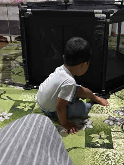 A young child, viewed from behind, sits on a green carpet with a floral pattern. The child wears a light-colored t-shirt and blue shorts. To the left and partially in the foreground is a blurry section of a person's leg, covered in striped fabric. Behind the child is a large, black playpen with silver metal supports. The playpen appears to be made of fabric and mesh. The floor is covered by a green carpet with a repeating pattern of flowers in shades of green, white, and gray. The background shows a blurry wall and furniture. This scene is likely indoors, in a residential setting, possibly in Тайгараев, Kyrgyzstan, given the context.