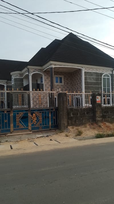 A residential building is seen behind a blue and gold gate, situated along a paved road in Asubi, Nigeria. The building is characterized by a dark roof, a textured facade, and columns supporting a portico. The fence is constructed with concrete pillars and wrought iron, with a poster attached to one of the pillars. Overhead, electrical wires intersect the sky. The area adjacent to the road appears to be sandy.