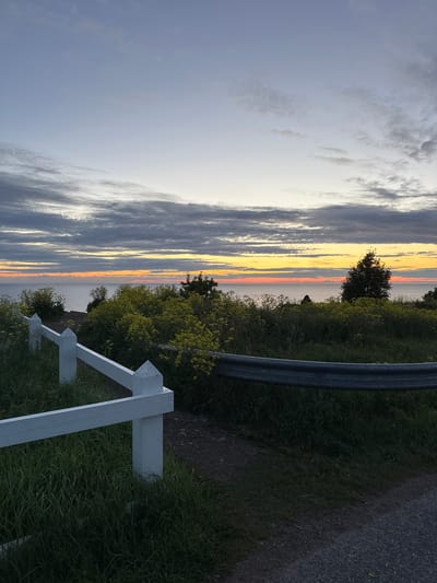 The image captures a tranquil coastal scene at dusk in Paldiski, Estonia. A white picket fence lines the foreground, separating a grassy area from a dirt path. Beyond the fence, lush green vegetation, dotted with yellow flowers, extends towards the sea. The calm water of the Baltic Sea is visible on the horizon, illuminated by the soft glow of the setting sun, which paints the sky with hues of orange and yellow. The sky above is a gradient of pale blue, transitioning into shades of gray and purple as clouds drift across. A lone figure can be seen standing amidst the foliage, silhouetted against the colorful sky, observing the serene seascape.