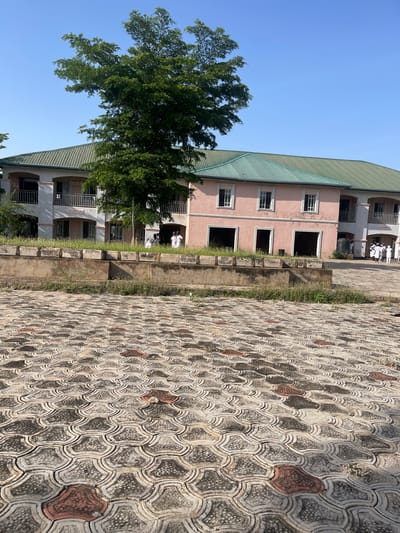 In Kuson, Nigeria, a paved courtyard with interlocking hexagonal concrete tiles, some with red accents, leads to a building complex. The complex features a light pink, two-story structure with a green tiled roof and arched ground-floor openings. To its left is a lighter colored building with a similar green roof, a balcony on the second floor, and visible signs indicating "LECTURE HALL" and "LECTURE ROOM 3". A mature tree with dense green foliage stands prominently between the two sections of the building. A low, concrete retaining wall, overgrown with weeds and grass, separates the tiled courtyard from a grassy area in front of the building. On the right side of the pink building, a group of at least five individuals, dressed in white attire, are congregated. A black water tank is visible near them. The sky is clear and blue.