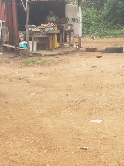 This media file captures a daytime scene of a roadside vendor stall in a rural or semi-urban setting, consistent with the Ibadan, Nigeria context. The ground is a wide, unpaved, reddish-brown dirt path or road, indicating dry, dusty conditions. Lush green foliage forms a dense backdrop on the left side of the image.
The central subject is a makeshift vendor stall constructed from wooden planks and poles, topped with a corrugated metal roof and partially covered by a white tarp. Behind the counter, a woman, likely the vendor, is visible. She wears a light-colored, possibly green or patterned top, and a bright yellow skirt or wrapper, and appears to be attending to the goods on display.
The stall's counter holds various items for sale, including packaged snacks, beverages, and other sundry goods. Several boxes and containers are arranged on and below the counter. A blue and white patterned bag and another patterned bag are visible near the base of the stall structure.
On the dusty ground, scattered litter includes a distinct white plastic bag and other small pieces of debris. Further down the path, a black car tire rests on the ground.
The visible text "AW" can be seen on the white tarp covering part of the stall. Other text on product packaging is too small or blurry to read. The overall scene depicts a typical local commerce activity.