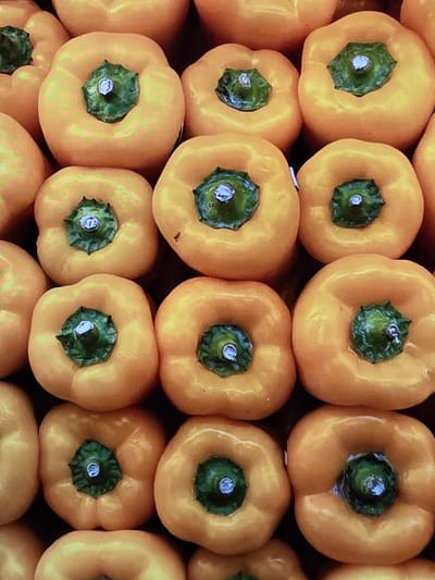 A close-up, high-angle, medium shot captures a bountiful arrangement of ripe yellow bell peppers. The peppers are tightly packed, with their stems and green calyxes forming a central focal point on each fruit. The lighting highlights the smooth, slightly glossy texture of the peppers' skin, revealing subtle variations in hue from pale yellow to a deeper golden orange. The background is obscured by the density of the peppers, creating a shallow depth of field that emphasizes the abundance and vibrancy of the produce. The image suggests a market setting, possibly a farmer's market, where fresh produce is displayed for sale. While the image is of a general nature, if this produce were found within the city of Voluntari, Romania, it would likely be at a local market or grocery store, contributing to the visual appeal of the agricultural offerings in that region.