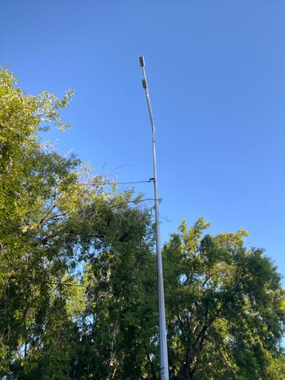 The media file shows a bright, clear blue sky with the upper branches of a green tree on the left side. A long, silver pole extends diagonally across the frame from the bottom left towards the top right, holding a street lamp at its end. The street lamp has two rectangular light fixtures. The scene appears to be outdoors during the day, with bright sunlight illuminating the tree's leaves and casting no visible shadows. The overall impression is one of a peaceful, sunny day. There is no visible text in the image.