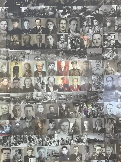 This is a collage of black and white and some color photographs, predominantly featuring portraits of men and women, likely from the Soviet era given the location context of Zelenogradsk, Russia. The subjects are mostly in military uniform or formal attire, suggesting a historical or commemorative theme, possibly related to World War II or military service. Many of the individuals are looking directly at the camera, conveying a sense of solemnity or remembrance.

There are also several photographs depicting group scenes, possibly parades or public gatherings, with many people in uniform. Some images show glimpses of objects and settings, such as military vehicles, medals, and indoor environments that appear to be official or formal. The overall tone of the collage is serious and respectful, aiming to honor and remember these individuals and their contributions. No specific time of day, weather conditions, or strong emotional expressions are readily apparent beyond the general solemnity. There is no visible text in the provided image.