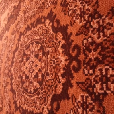 The image shows a close-up of a rug with a traditional Persian pattern. The rug is primarily in shades of rust, brown, and beige, with intricate floral and geometric motifs. The texture of the rug is visible, with individual threads contributing to the overall pattern. The lighting suggests an indoor setting, likely illuminated by ambient light. There are no people or any specific landmarks visible in the image. The location in Shpola, Ukraine is not identifiable from the visual information provided.