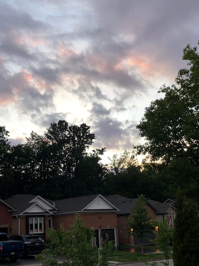 This media file depicts a suburban residential street scene in Barrie, Canada, likely captured during the late afternoon or early evening. The image is oriented vertically, with the sky occupying the left portion and the houses and trees on the right.

The sky is filled with dramatic, dark grey clouds interspersed with patches of lighter grey and hints of soft pink and orange hues, suggesting the presence of either an approaching storm or the lingering colors of sunset. The sun is not directly visible but its light is breaking through the clouds, creating a bright, diffused illumination in the upper right quadrant of the sky.

Framing the sky on the left and upper portions of the image are the dense, dark green canopies of mature trees. These trees cast shadows and create a sense of depth and natural enclosure around the residential area.

On the right side of the image, the scene transitions to a row of brick houses with dark grey roofs. The architecture appears to be typical of North American suburban homes, with visible gables and windows. One house in particular has a Canadian flag displayed in its front window. Two vehicles, a dark blue SUV and a lighter blue pickup truck, are parked in the driveway of one of the houses. The presence of wet pavement suggests that it may have recently rained or is about to rain. The overall mood is somewhat somber due to the overcast sky and dense foliage, but the warm tones in the clouds offer a touch of visual interest. No people are visible in the image.