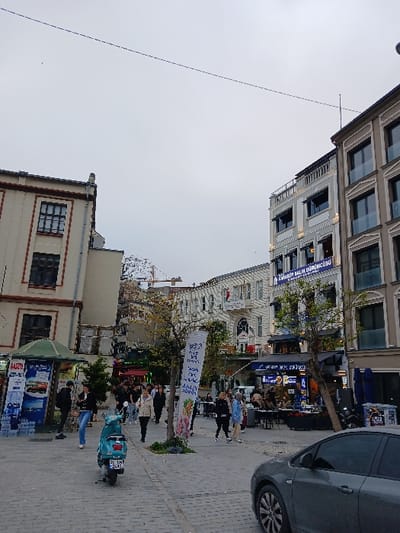 The image shows a street scene in the Beyoğlu district of Istanbul, Turkey. The coordinates 41.022, 28.977 place the scene near İstiklal Street. In the foreground, a light blue moped is parked on a paved street, with two people standing nearby. In the middle ground, a group of people are walking, some are sitting at tables outside a cafe. In the background, two buildings with balconies are visible, one with a sign in Turkish, "Osmanlı Balık Dünyası", which translates to "Ottoman Fish World". There is a large tree on the right side of the image. The sky is overcast and grey. There are also signs and posters in Turkish and English along the buildings. The scene conveys a bustling and active atmosphere in the city.
