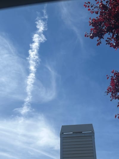 An outdoor, eye-level, vertical, full shot captures a bright, clear blue sky with scattered white clouds. A prominent, thin, white contrail stretches vertically down the center of the frame, appearing textured and wispy in places. In the upper right and lower right corners, portions of a tree with vibrant red leaves are visible, their branches silhouetted against the sky. Towards the bottom center, the top of a light gray, louvered structure, possibly a chimney or ventilation unit, is present. The scene is devoid of any human presence. The image was taken in Sammamish, United States of America.