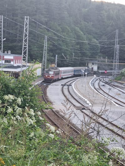The image depicts a railway station in Krastets, Bulgaria. A red and white train with a locomotive is on the tracks, appearing to be stationary or moving slowly. The train has several carriages behind the locomotive. In the foreground, lush green vegetation with white flowers is visible, partially obscuring the railway tracks. In the background, a dense forest covers a hillside. Several tall, metal electricity pylons with wires are scattered throughout the scene, indicating the presence of an electrified railway line. A small building, likely part of the station infrastructure, is visible to the left. The sky is overcast, and the overall lighting suggests it is either early morning or late evening. There are no visible people in the image.