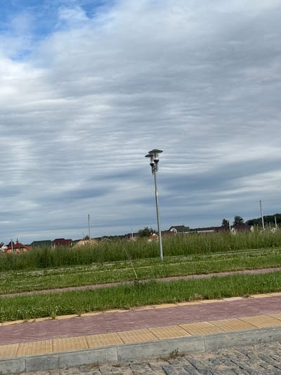 The image shows a street lamp on a paved pathway in the city of Пашкаўскі сельскі Савет, Belarus. The pathway is made of red and yellow paving stones and is bordered by a curb. Behind the pathway is a strip of grass with scattered white flowers, followed by a dense field of tall green grass. In the background, several houses with red and brown roofs are visible amidst trees and vegetation. The sky is cloudy with distinct horizontal cloud formations. The street lamp is silver and has multiple light fixtures at the top.