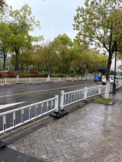 The image captures an outdoor street scene in Jiangning District, China, likely at the entrance or perimeter of a property, under an overcast sky. The asphalt road and the grey paver stone sidewalk are visibly wet, indicating recent rain.
A long, white barrier, resembling a series of connected ladders with blue accents on the horizontal bars, extends along the right side of the wet asphalt road. The road features a solid yellow center line and some white markings. Further down the road on the left, a small guard booth with a dark roof and light-colored walls is visible, serving as a potential entry point. A blue rectangular sign is affixed to the guard booth, displaying Chinese characters which read '第一排' (First row/lane) and '请勿停车' (No parking / Please do not park), indicating traffic or parking regulations.
Numerous trees with green leaves and some interspersed reddish-brown foliage line both sides of the road, providing ample greenery. Shorter, reddish-brown and green bushes form landscaped strips behind the barrier. The trunk of the tree closest to the foreground on the left has a patch of white paint. Two vehicles, a white SUV and a green car, are parked further down the road near the guard booth. The grey paver stone sidewalk on the right is arranged in a herringbone pattern and has a few scattered brown leaves. No people are visible in the scene.