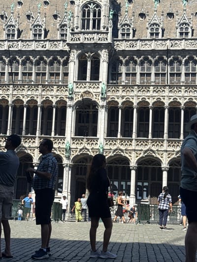 The image depicts a street scene in Brussels, Belgium, with people walking on a cobblestone pavement in front of a grand, ornate building. The architecture of the building is Gothic, with numerous arched windows, intricate carvings, and decorative elements. The style suggests it might be a historical landmark or a government building.
Several people are visible in the frame, mostly captured from the waist down or as partial figures, indicating they are walking or standing. One person is wearing a blue and white checkered shirt and black shorts, another a grey t-shirt and light-colored shorts. Further back, a person in a white shirt and black pants stands near a green railing, and another in a yellow outfit walks in the distance. A group of people are also seen in the background, some appearing to be tourists.
The time of day appears to be daytime, with sunlight casting shadows on the pavement, suggesting a clear or partly cloudy sky. The overall mood is casual, with people engaged in everyday activities like walking and sightseeing. The image is a vertical orientation. There is no visible text in the image.