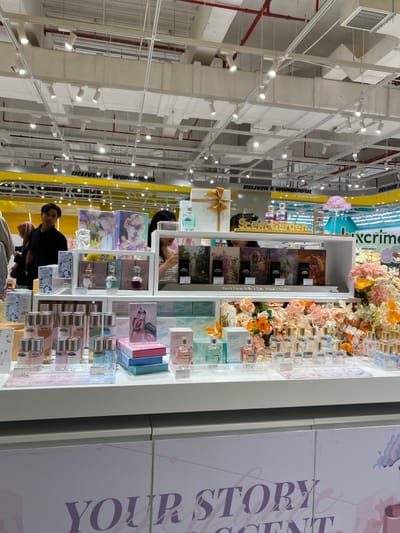 This image, taken in Bekasi Regency, Indonesia, shows a section of a retail store specializing in fragrances or beauty products. The primary subject is a brightly lit, multi-tiered display stand on the right side of the frame, filled with numerous perfume bottles, packaged boxes, and decorative artificial flowers in pink, orange, and white hues.

One person with dark hair, wearing a black top, is partially visible behind the display, appearing to browse the products. Another person's reflection can be seen in a mirrored surface within the display. The setting is an indoor retail environment with a high, white ceiling featuring exposed structural beams and numerous spotlights, giving it a modern, industrial-chic aesthetic. Yellow banners hanging from the ceiling repeatedly display the text "DELIVER WONDERFUL."

Key objects include various perfume bottles, gift boxes (one with a prominent gold bow), and a profusion of artificial flowers enhancing the display's aesthetic. Visible text on the display includes "Scent Garden," "Every Drop Tells Your Story," and larger text on a panel to the right, "YOUR STORY SCENT." The scene depicts an active shopping experience, likely during daytime, given the bright illumination. The atmosphere is inviting and well-organized, characteristic of a contemporary retail space.