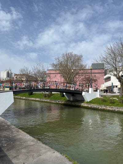 The image depicts an urban canal scene in Aveiro, Portugal, specifically focusing on the Ponte dos Laços (Bridge of Ribbons) over the Canal do Cojo, with the Museu Mário Soares visible on the right bank. The sky is light blue with scattered white stratocumulus clouds.
A brownish-green canal occupies the lower half of the frame. Its left bank consists of a grey concrete walkway. The right bank is a grassy slope, featuring small yellow flowers and a white pipe projecting from the canal wall.
The central element is a dark metal pedestrian bridge with white concrete abutments, heavily adorned with countless multicolored ribbons tied along its entire railing. On the far side of the canal, beyond the bridge, a prominent light pink building with a dark grey roof and multiple circular architectural details stands on the right bank. To its immediate right, a white building displays partially legible text identifying it as "MUSEU MÁRIO SOARES." Two individuals are visible walking away from the viewer on the pavement in front of this white building. A street lamp is positioned near the pink building.
On the left bank, beyond the canal, a grassy strip leads to various urban buildings, including a taller, multi-story white building with antenna-like structures on its roof, visible in the background. Numerous deciduous trees with bare branches are interspersed throughout the scene.