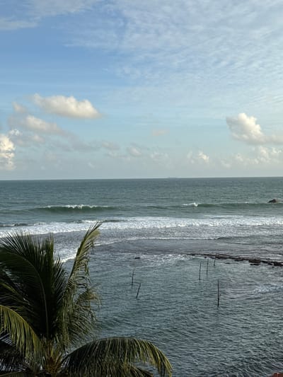 The image depicts a scenic coastal view of the ocean in Goviyapana, Sri Lanka. The scene is dominated by the vast expanse of the ocean, with waves gently rolling towards the shore. The water appears to be a deep blue-green, and the waves are breaking with white foam. In the foreground, the fronds of a palm tree are visible, adding a tropical element to the scene. The sky above is a pale blue, dotted with fluffy white clouds, suggesting it is daytime, likely late morning or early afternoon. The overall mood of the image is peaceful and serene, evoking a sense of calm and natural beauty. There are no people or specific objects visible in the image, besides the natural elements of the ocean, sky, clouds, and the palm tree. The location is suggested by the mention of Goviyapana, Sri Lanka, which is a coastal area known for its beaches and tropical climate. There is no visible text in the image.